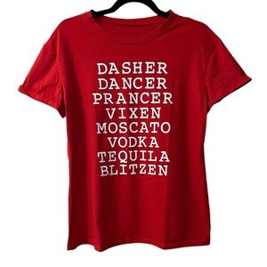 Women’s novelty Christmas tee with reindeer names and cocktails red medium